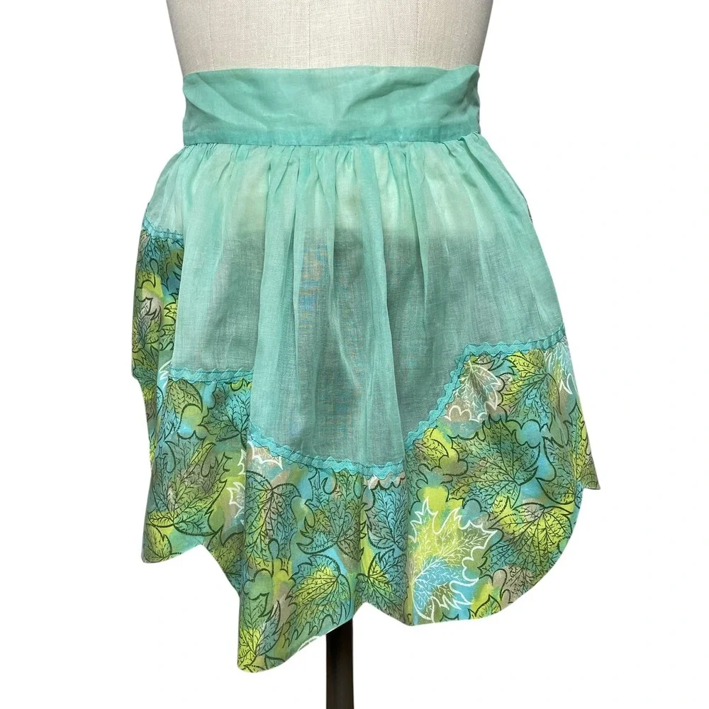 Vintage Half Apron Hostess Scalloped Hem Women Leaf Sheer Retro 1950s Tie Bow‎
